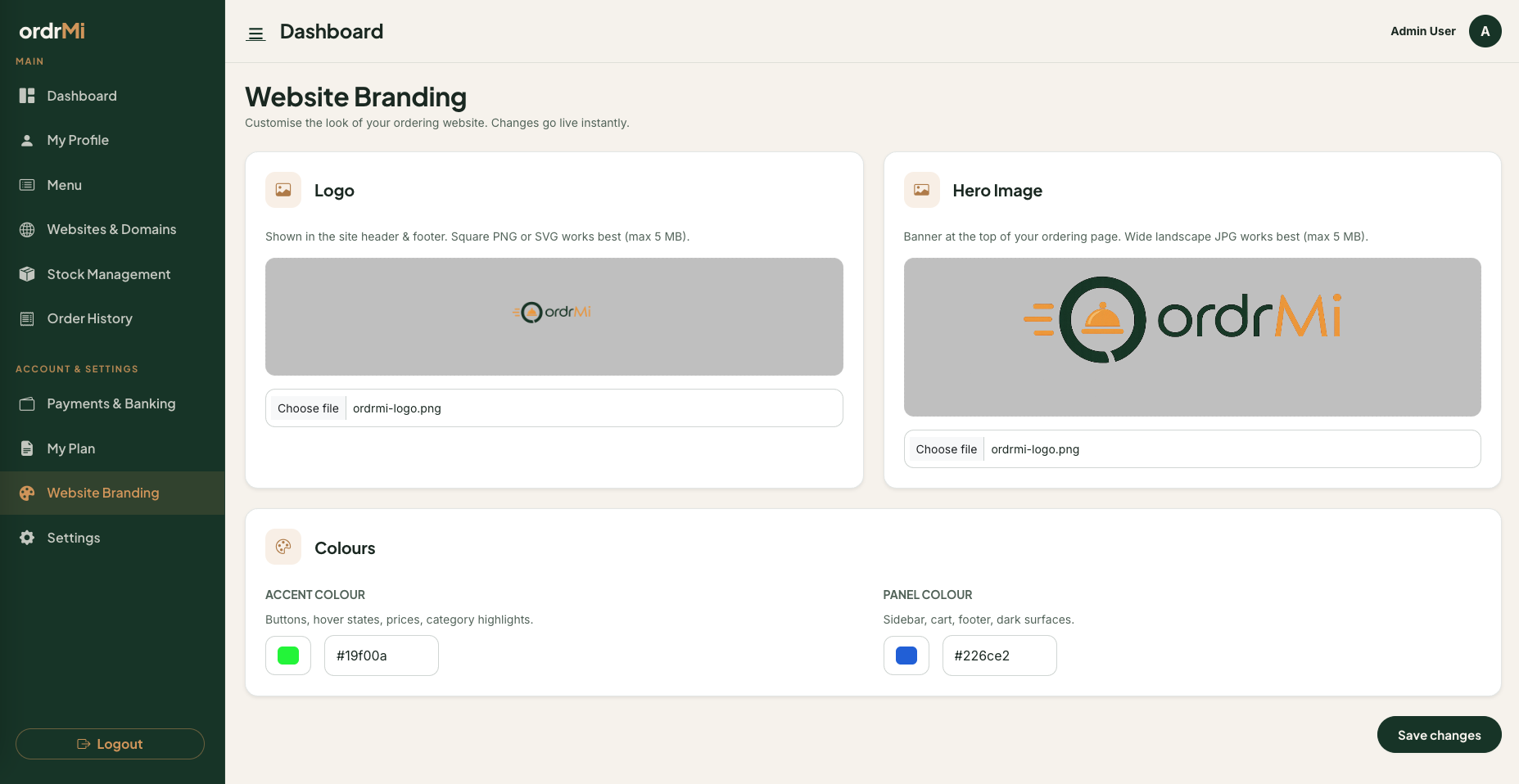 ordrMi website branding controls