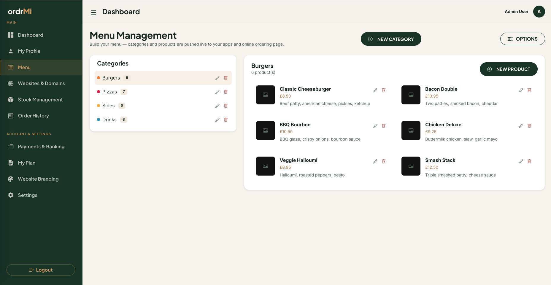 ordrMi menu management dashboard