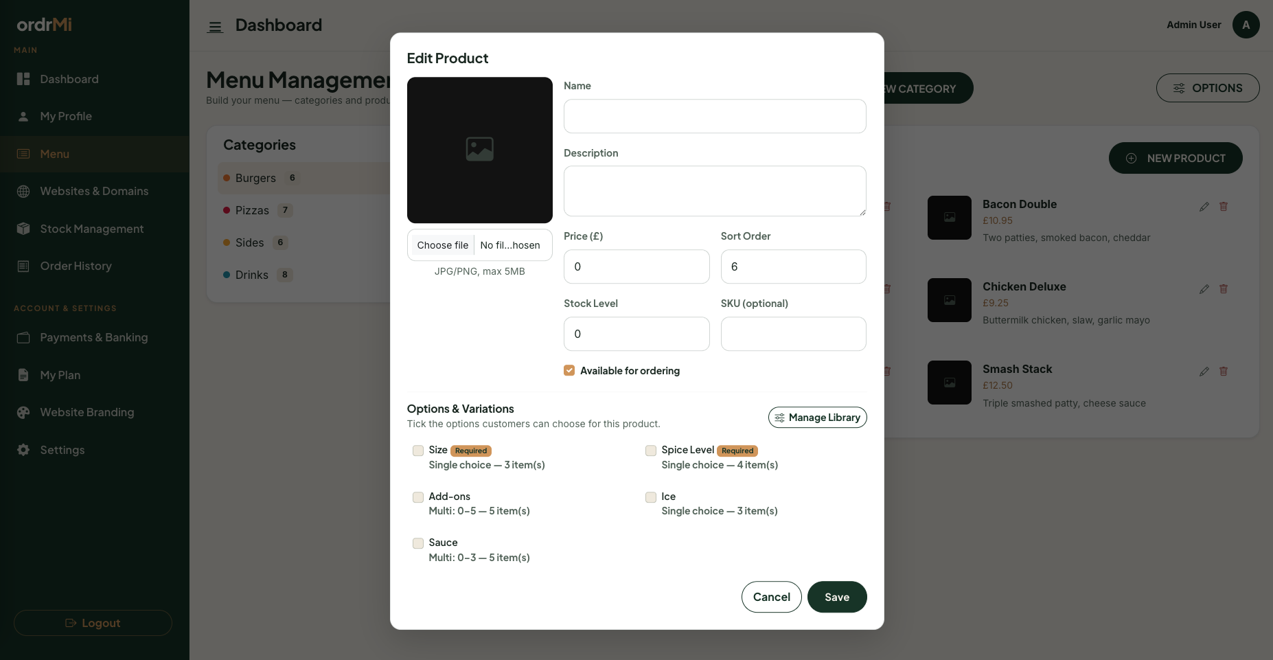 ordrMi product options editor