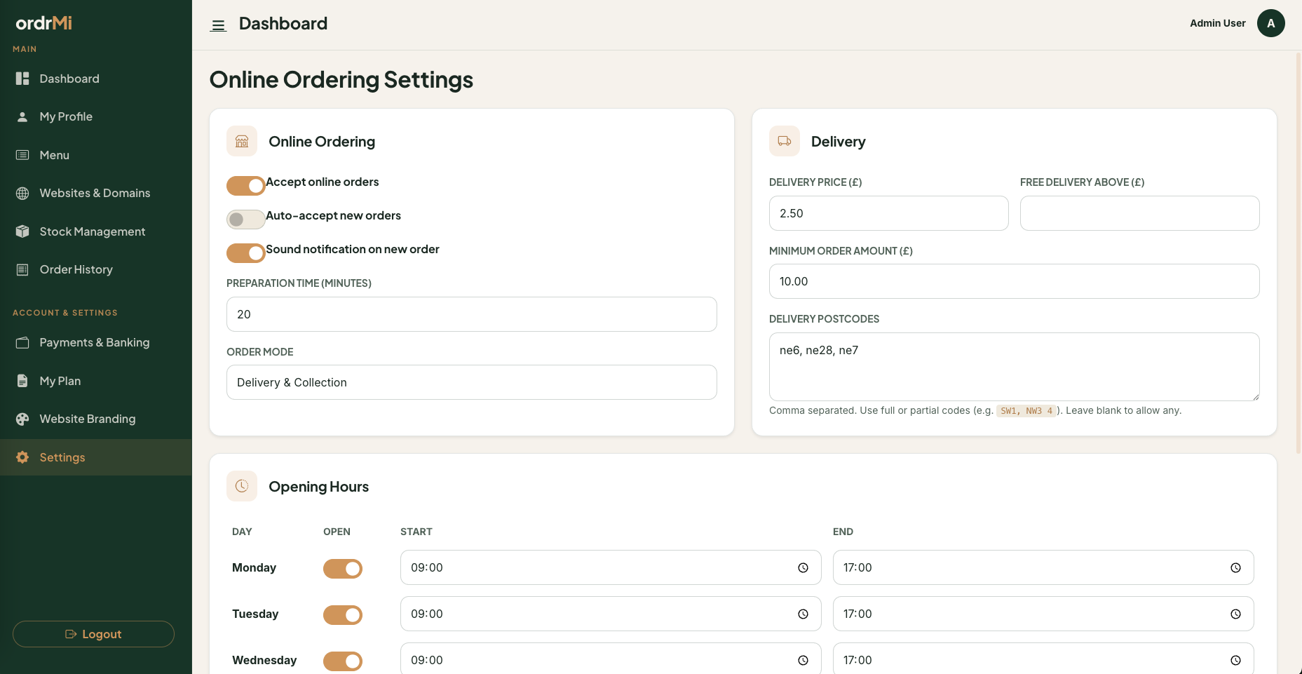 ordrMi online ordering settings