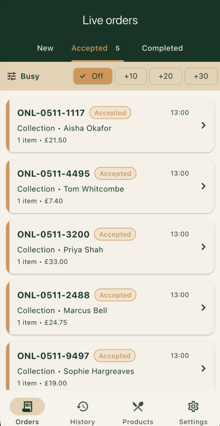ordrMi live orders on a phone